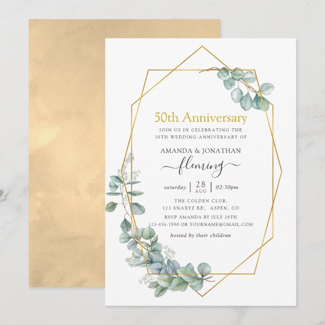 Convites 50.º Aniversário de Casamento Geométrico Eucalyptu (Frente/Verso)