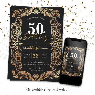 Convites 50.º aniversário Dourado Black Boho Glamorous Vint
