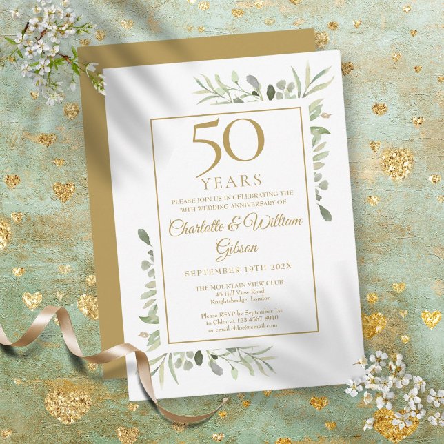 Convites 50.º aniversário Dourado "Watercolor Greenery Leav (50th Gold Anniversary Watercolour Greenery Leaves Invitation)