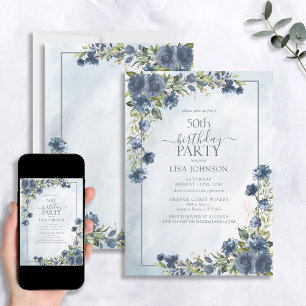 Convites 50.º Aniversário Dusty Blue Watercolor Floral