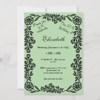 Convites 50.º Aniversário Floral Botânico Preto e Verde Pál