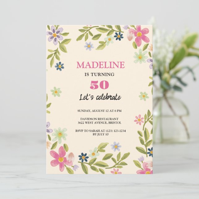 Convites 50.º aniversário flores coloridas doce aniversário (Em pé/Frente)
