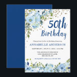 Convites 50.º Aniversário Marinho Floral Azul Dourado Ponto<br><div class="desc">50º Aniversário Marinho Azul Script Fluoral Floral Watercolor Confetti Glitter Dots Invitation O design apresenta belos florais azuis claros e verdes.</div>