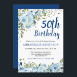 Convites 50.º Aniversário Marinho Floral Azul Dourado Ponto<br><div class="desc">50º Aniversário Marinho Azul Script Fluoral Floral Watercolor Confetti Glitter Dots Invitation O design apresenta belos florais azuis claros e verdes.</div>