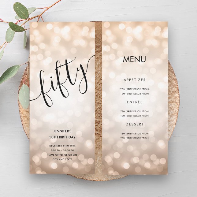Convites 50. º Aniversário Menu Luzes com Lâmpadas Brilhant (50th Birthday Menu Rose Gold Glitter Lights Invitation)