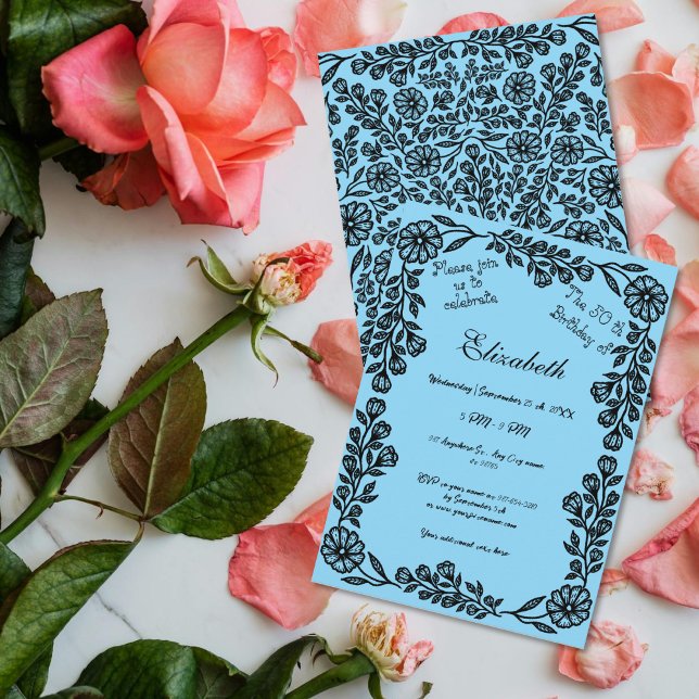 Convites 50.º aniversário Preto e Azul Floral Botânica (Criador carregado)