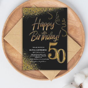Convites 50.º Aniversário, preto e Dourado brilho moderno