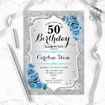 Convites 50.º aniversário - Rosas azuis de folha de prata<br><div class="desc">50º Convite de Aniversário. Design floral elegante em prata e azul gelado. Possui riscas prateadas com brilho inverso,  fonte de script na moda e confetti rosa de de de turquesa. Perfeito para uma festa de aniversário de vidro.</div>