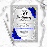 Convites 50.º aniversário - Rosas azuis de prata<br><div class="desc">50º Convite de Aniversário. Design floral elegante em prata e azul real. Apresenta fitas cintilantes de prata,  fontes de script na moda e confetti de rosa de de safira. Perfeito para uma festa de aniversário de vidro.</div>