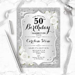 Convites 50.º aniversário - Rosas brancas de Stripes Pratea<br><div class="desc">50º Convite de Aniversário. Design floral elegante em prata e branco. Apresenta fitas cintilantes de prata,  fontes de na moda de rosas brancas e confetti. Perfeito para uma festa de aniversário de vidro.</div>