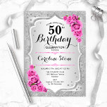 Convites 50.º aniversário - Rosas Rosa-Rosa-Stripes-Prata<br><div class="desc">50º Convite de Aniversário. Design floral elegante em prata e rosa. Possui riscas prateadas com brilho sujo,  fonte de script na moda de rosas rosa e confetti. Perfeito para uma festa de aniversário de vidro.</div>