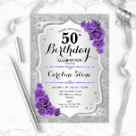 Convites 50.º aniversário - Rosas Roxos de Prata<br><div class="desc">50º Convite de Aniversário. Design floral elegante em prata e roxo. Apresenta faixas de prata com brilho sujo,  fontes de script na moda de rosa de de roxo e confetti. Perfeito para uma festa de aniversário de vidro.</div>