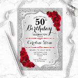 Convites 50.º aniversário - Rosas vermelhas de Stripes de P<br><div class="desc">50º Convite de Aniversário. Design floral elegante em prata e vermelho. Apresenta faixas de prata com brilho inverso,  fonte de script do rosa vermelha na moda e confetti. Perfeito para uma festa de aniversário de vidro.</div>