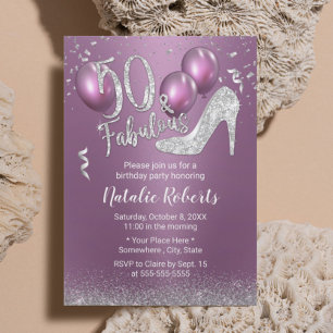 Convites 50.º aniversário Roxo moderno e prata fabuloso 5