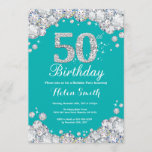 Convites 50. º Aniversário - Teal e Diamante de Prata<br><div class="desc">50º Convite de Aniversário. Plano de Fundo do Teal e do Silver Rhinestone Diamond Turquoise Aqua. Convite para o Elegante Birthday Bash. Aniversário Adulto. Aniversário das mulheres. Homens Aniversário.
Para mais personalização,  clique no botão "Personalizar" e use a ferramenta design para modificar este modelo.</div>