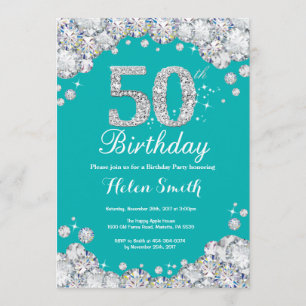 Convites 50. º Aniversário - Teal e Diamante de Prata