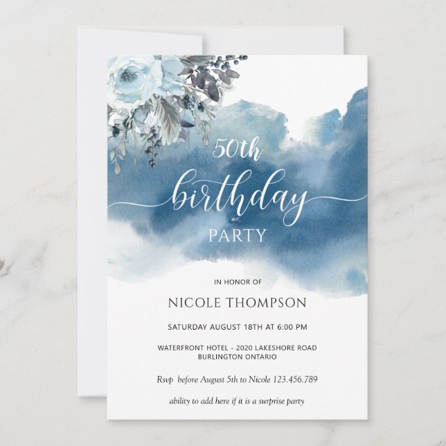 Convites 50.º ou outra Aquarela Azul de Aniversário com Flo (Frente)