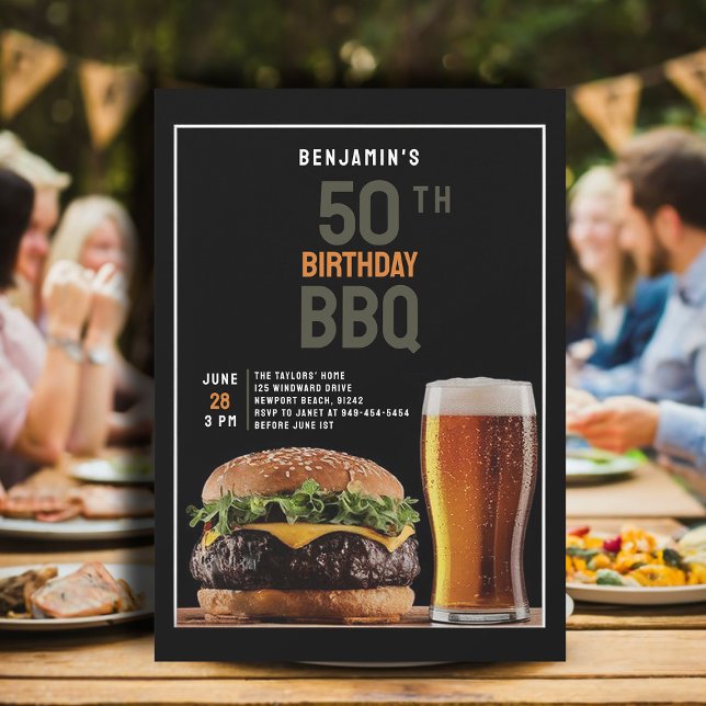 Convites 50.a Festa de aniversário para CHURRASCO de jardim (backyard bbq men 50th birthday invitation black orange burger beer elegant modern classy chic)