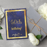 Convites 50.a festa de aniversário - quadro dourado azul<br><div class="desc">Uma carta de convite de aniversário festiva e elegante. Uma cor de fundo azul-da-meia-noite escura e uma imagem de ouro falsa. Com um ouro de chuva confete. A cor azul é irregular. Na frente do texto: 50º aniversário! e uma decoração floral falsa de ouro. Traseira: Modelos para informações de sua...</div>
