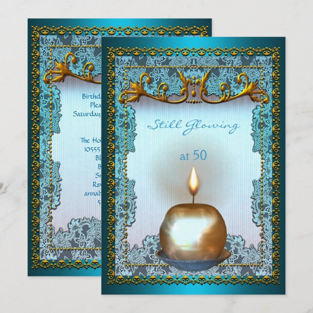 Convites 50 Ainda Velas de Aniversário Teal Dourado Brilhan (Frente/Verso)