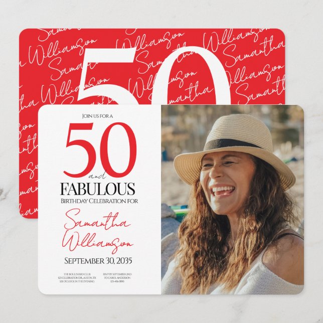 Convites 50 and Fabulous | 50th Birthday Elegant Photo (Frente/Verso)