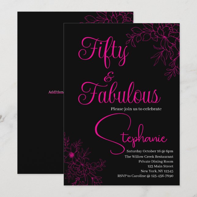 Convites 50 and Fabulous | 50th Birthday Party Black Pink (Frente/Verso)