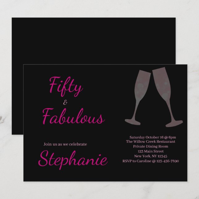Convites 50 and Fabulous | 50th Birthday Party Black Pink (Frente/Verso)