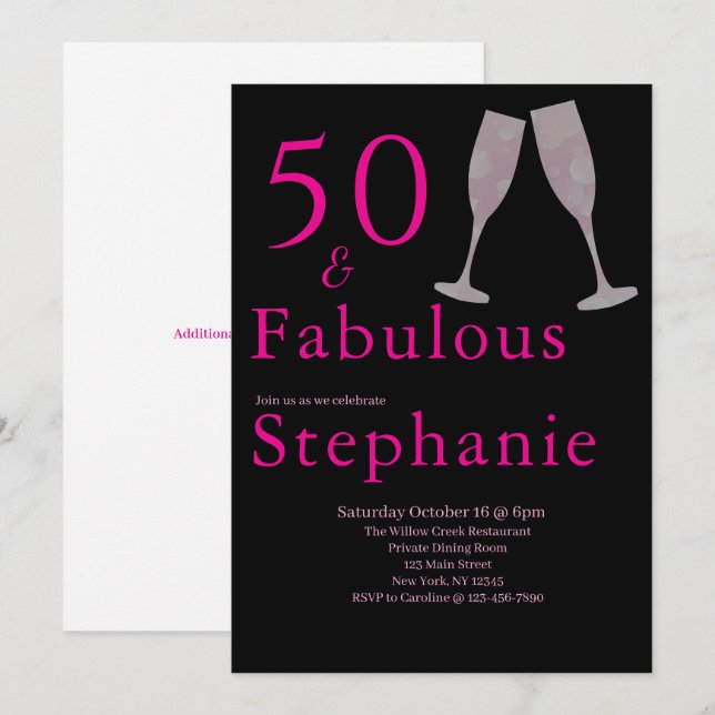 Convites 50 and Fabulous | 50th Birthday Party Black Pink (Frente/Verso)