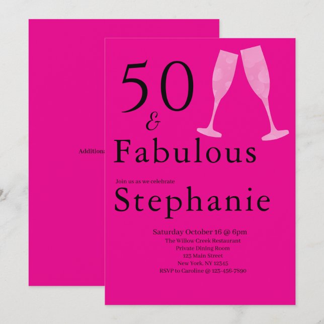 Convites 50 and Fabulous | 50th Birthday Party Black Pink (Frente/Verso)