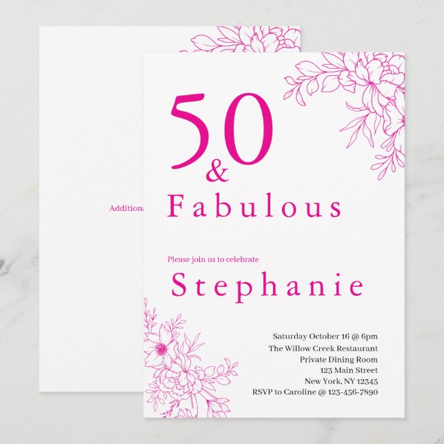 Convites 50 and Fabulous | 50th Birthday Party Pink (Frente/Verso)