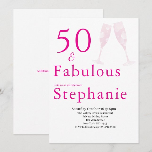 Convites 50 and Fabulous | 50th Birthday Party Pink (Frente/Verso)