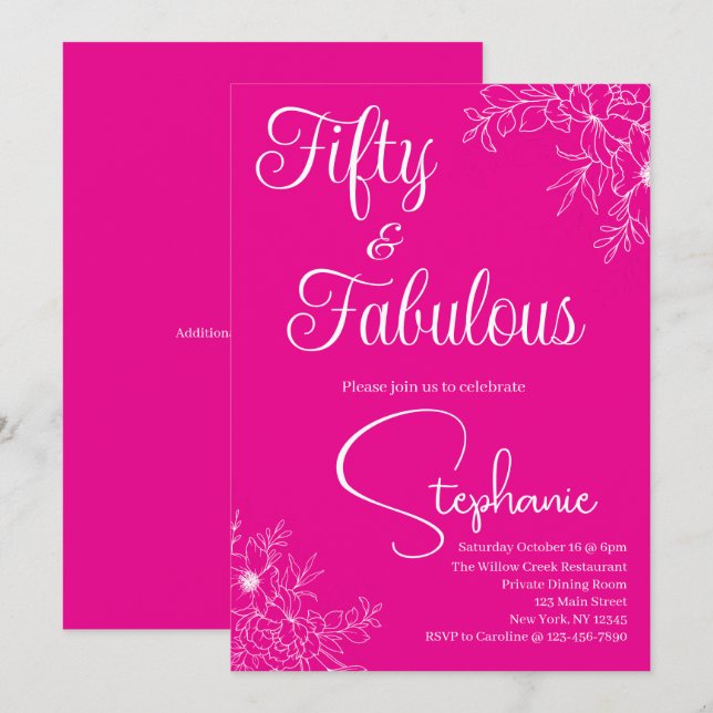 Convites 50 and Fabulous | 50th Birthday Party Pink White (Frente/Verso)