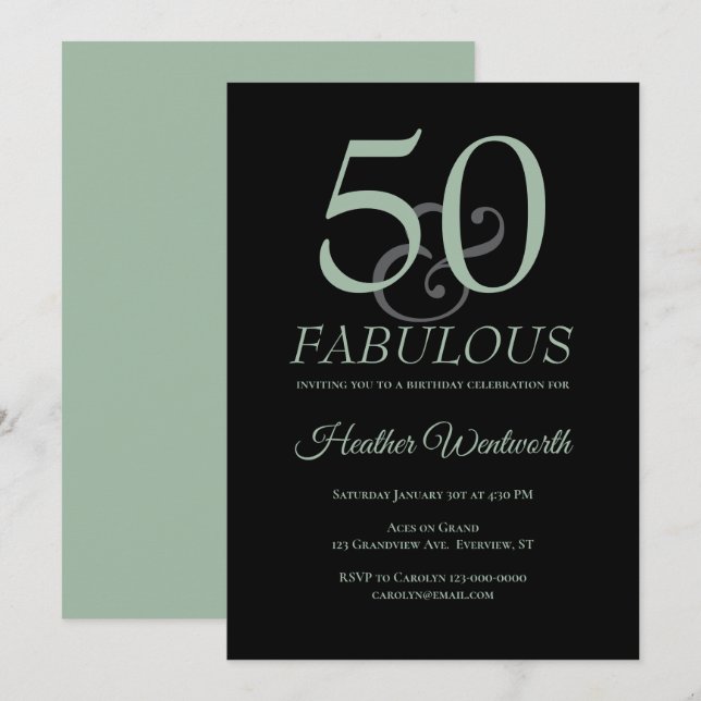 Convites 50 and Fabulous 50th Birthday Sage Black (Frente/Verso)