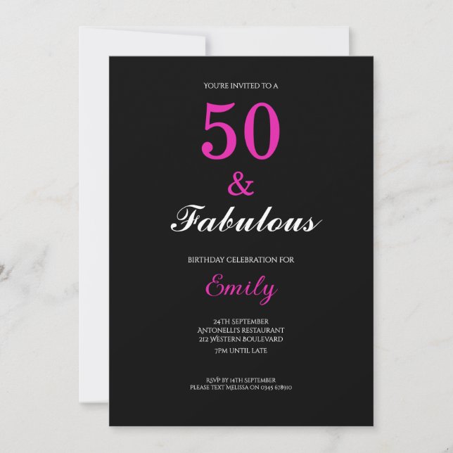 Convites 50 and Fabulous Black Pink Birthday (Frente)