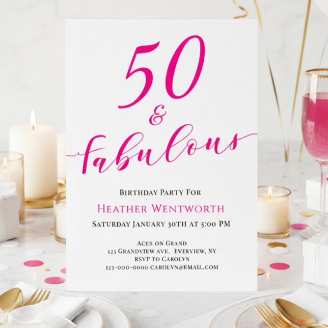 Convites 50 and Fabulous Fiftieth Birthday Hot Pink Script (Criador carregado)