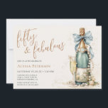 Convites 50 And Fabulous Gold Script 50th Birthday Party<br><div class="desc">This modern and elegant 50 and Fabulous Gold Script 50th Birthday Party Invitation is perfect for your loved one who's turning fifty! It features a watercolor champagne bottle decorated with pearls, delicate cream flowers that's tied with a soft teal blue bow. It's fonts are trendy yet classic, feminine and flowy...</div>