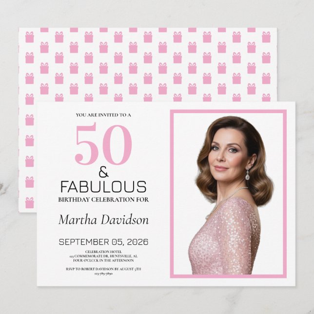 Convites 50 and Fabulous Pink 50th Birthday (Frente/Verso)