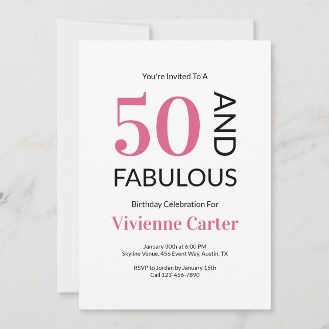 Convites 50 and Fabulous Pink 50th Birthday Party (Frente)
