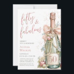 Convites 50 and Fabulous Rose Gold Script Surprise Party<br><div class="desc">This modern and elegant 50 and Fabulous Rose Gold Script Surprise Birthday Party Invitation is perfect for your loved one who's turning fifty! It features a watercolor champagne bottle decorated with pearls, delicate blush pink flowers that's tied with a blush pink bow. It's fonts are trendy yet classic, feminine and...</div>