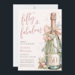 Convites 50 and Fabulous Rose Gold Script Surprise Party<br><div class="desc">This modern and elegant 50 and Fabulous Rose Gold Script Surprise Birthday Party Invitation is perfect for your loved one who's turning fifty! It features a watercolor champagne bottle decorated with pearls, delicate blush pink flowers that's tied with a blush pink bow. It's font is trendy yet classic, feminine and...</div>