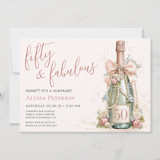 Convites 50 And Fabulous Rose Gold Script Surprise Party (Frente)