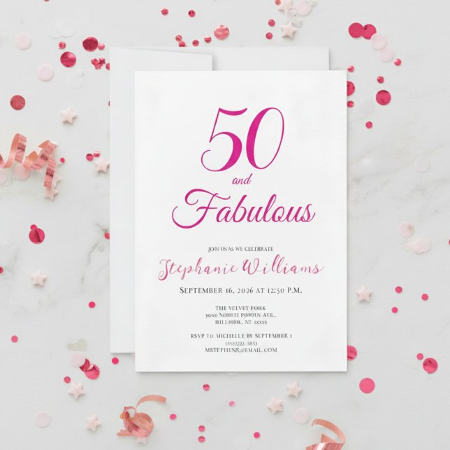 Convites 50 and Fabulous Script Pink 50th Birthday Party (Criador carregado)