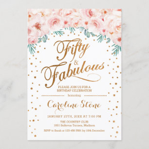Convites 50 Aniversário Fabuloso - Branco Dourado Rosa