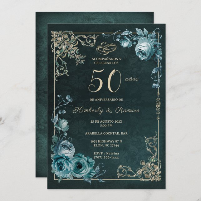 Convites 50 Aniversario Floral Vintage (Frente/Verso)