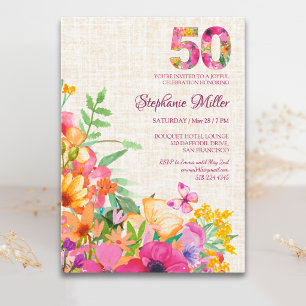 Convites 50 Anos Flores Floral Linho Aniversário de 50 anos