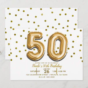 Convites 50 Balões Dourados e Confetes Festa de Aniversário