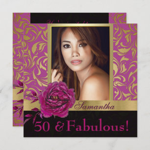 Convites 50 e aniversário Dourado roxo fabuloso da foto do