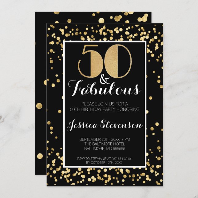 Convites 50 e Dourada e fabulosa Festa de aniversário 50 (Frente/Verso)