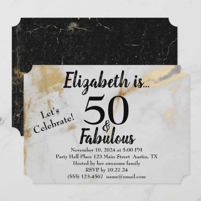 Convites 50 e Fabulosa Cinza Dourada com Texto Preto (Frente/Verso)