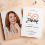 Convites 50 e Fabulosa Festa de aniversário 50 Moderna<br><div class="desc">Confira este adorável e na moda convite fotográfico de 50 anos em um espantoso pêssego e paleta preta em fundo branco! É uma design moderna que você pode personalizar com sua própria foto para torná-la exclusivamente sua. As palavras "50 e Fabuloso" são elogiosamente exibidas usando a tipografia de tendências. Sinta-se...</div>